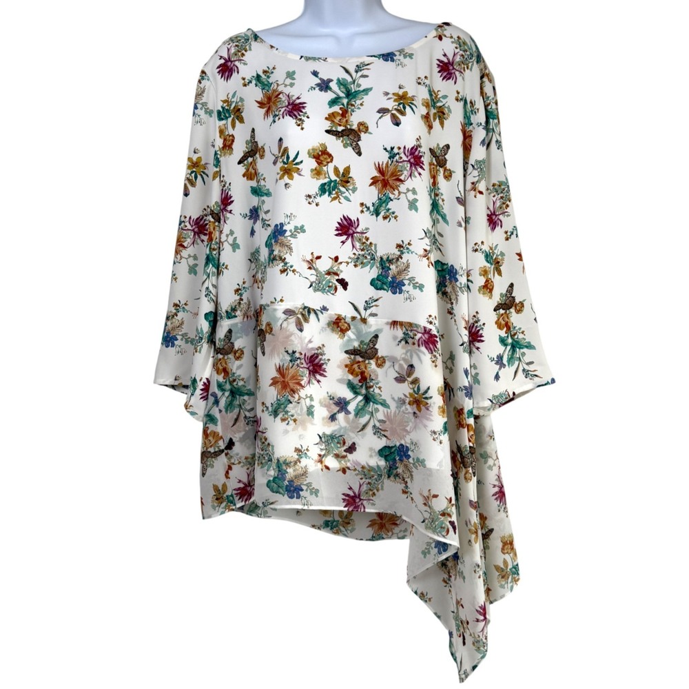 Chicos Floral Asymmetrical Tunic Top Sz 4 Plus Size 20-22 White Butterfly Boho